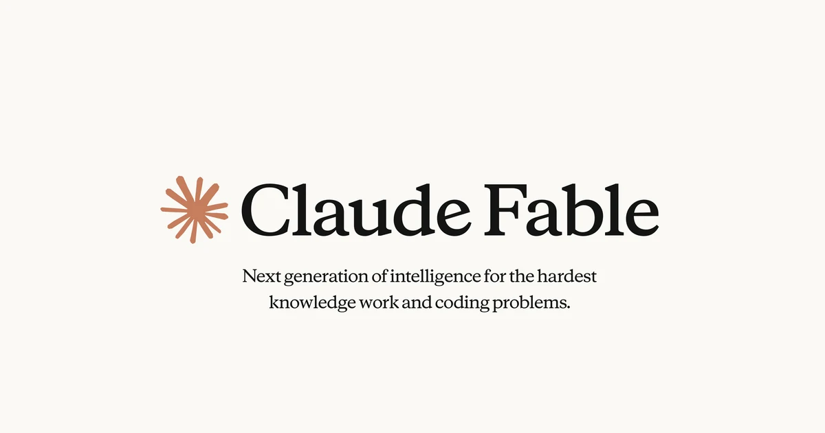 The Claude Fable wordmark and orange starburst logo on a cream background, with the tagline: next generation of intelligence for the hardest knowledge work and coding problems