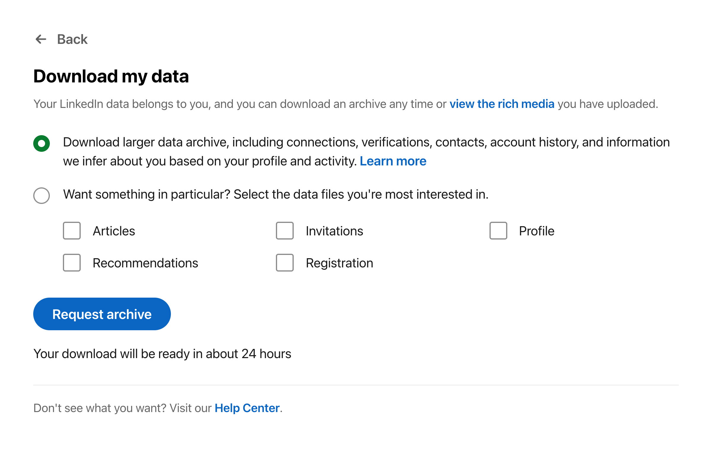 The LinkedIn Download my data screen, with the larger data archive option selected